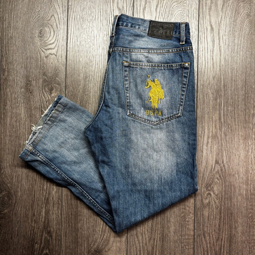 US Polo Assn Mens Straight Leg Jeans Blue 33x32 Distressed Embroidered Logo USPA